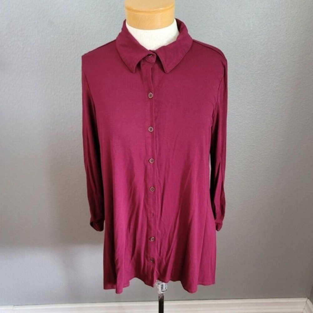 Kim Rogers Blouse Women's Size Medium 3 /4 Sleeve Collared Button Up Top Maroon